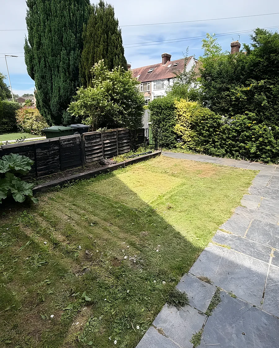 The same lawn with the timber gone and the slate path clear again